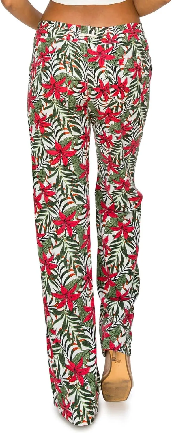 Cali1850 Women's Print Linen Pants - 32" Inseam Oceanside Drawstring Smocked Waist Casual Lounge Beach Trousers with Pockets