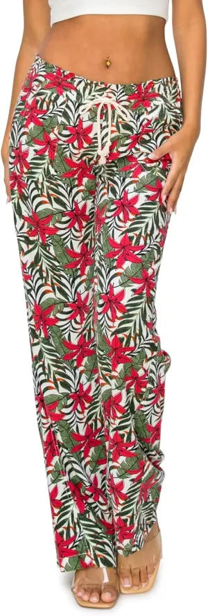 Cali1850 Women's Print Linen Pants - 32" Inseam Oceanside Drawstring Smocked Waist Casual Lounge Beach Trousers with Pockets