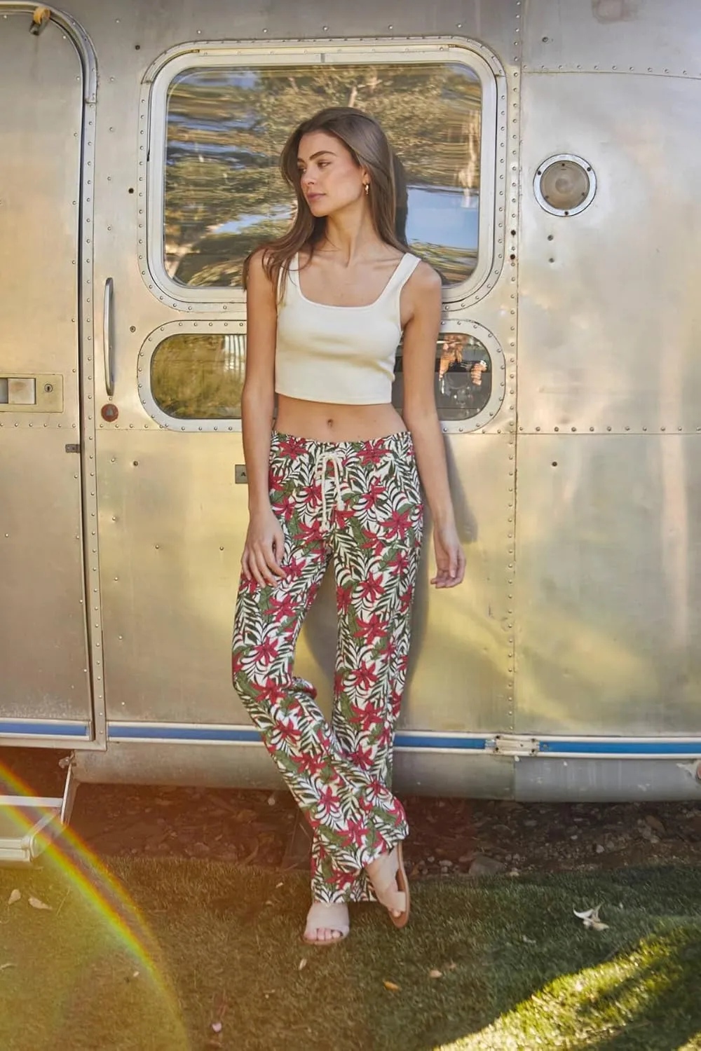 Cali1850 Women's Print Linen Pants - 32" Inseam Oceanside Drawstring Smocked Waist Casual Lounge Beach Trousers with Pockets