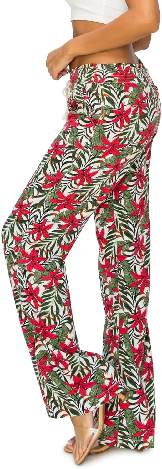 Cali1850 Women's Print Linen Pants - 32" Inseam Oceanside Drawstring Smocked Waist Casual Lounge Beach Trousers with Pockets