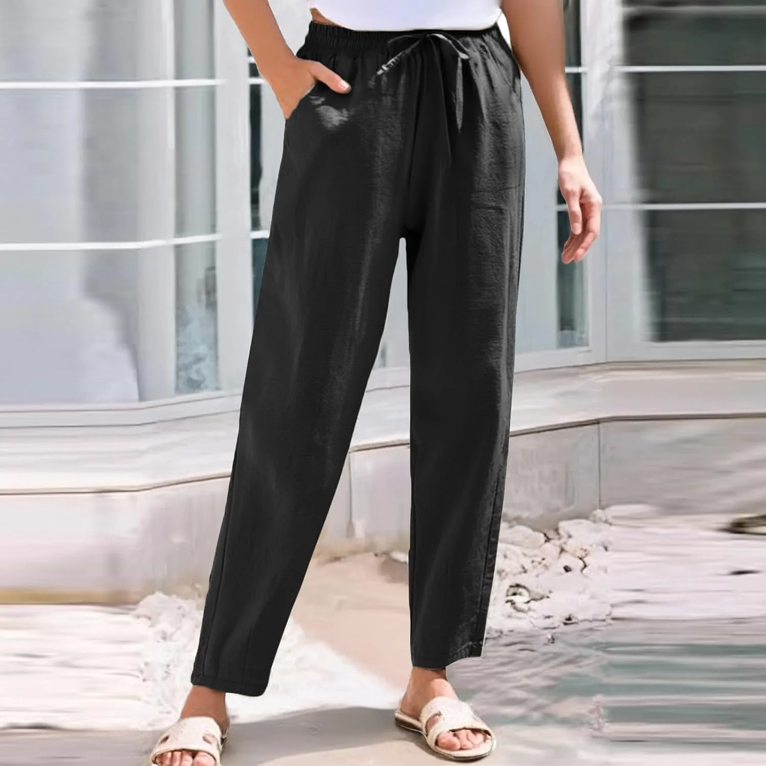 Cargo Pants Women, Wide Leg Pants Casual Peasant Linen Straight Trendy Drawstring