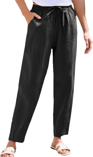 Cargo Pants Women, Wide Leg Pants Casual Peasant Linen Straight Trendy Drawstring
