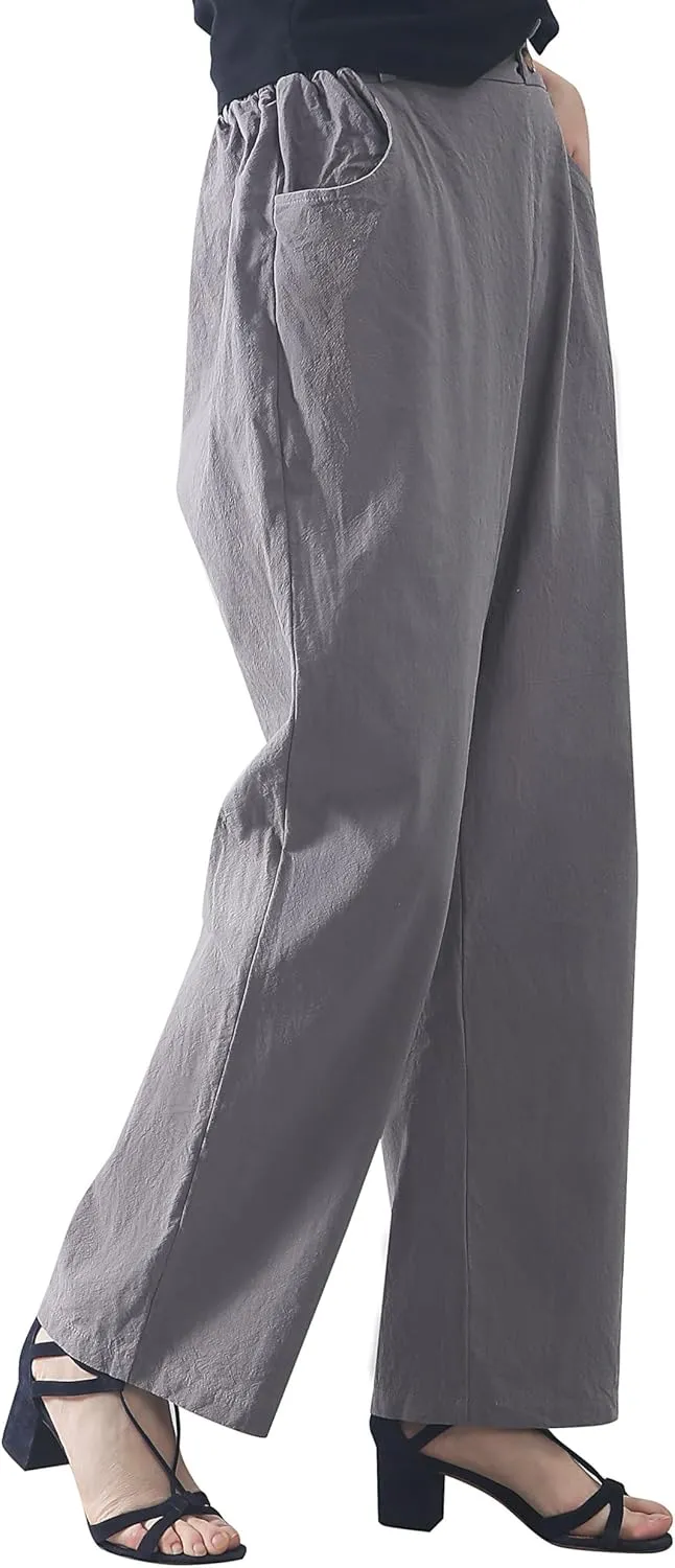 Casual Linen High Waist Pants with Elastic Waistband and Straight-Leg Design Summer Trousers with Side Pockets