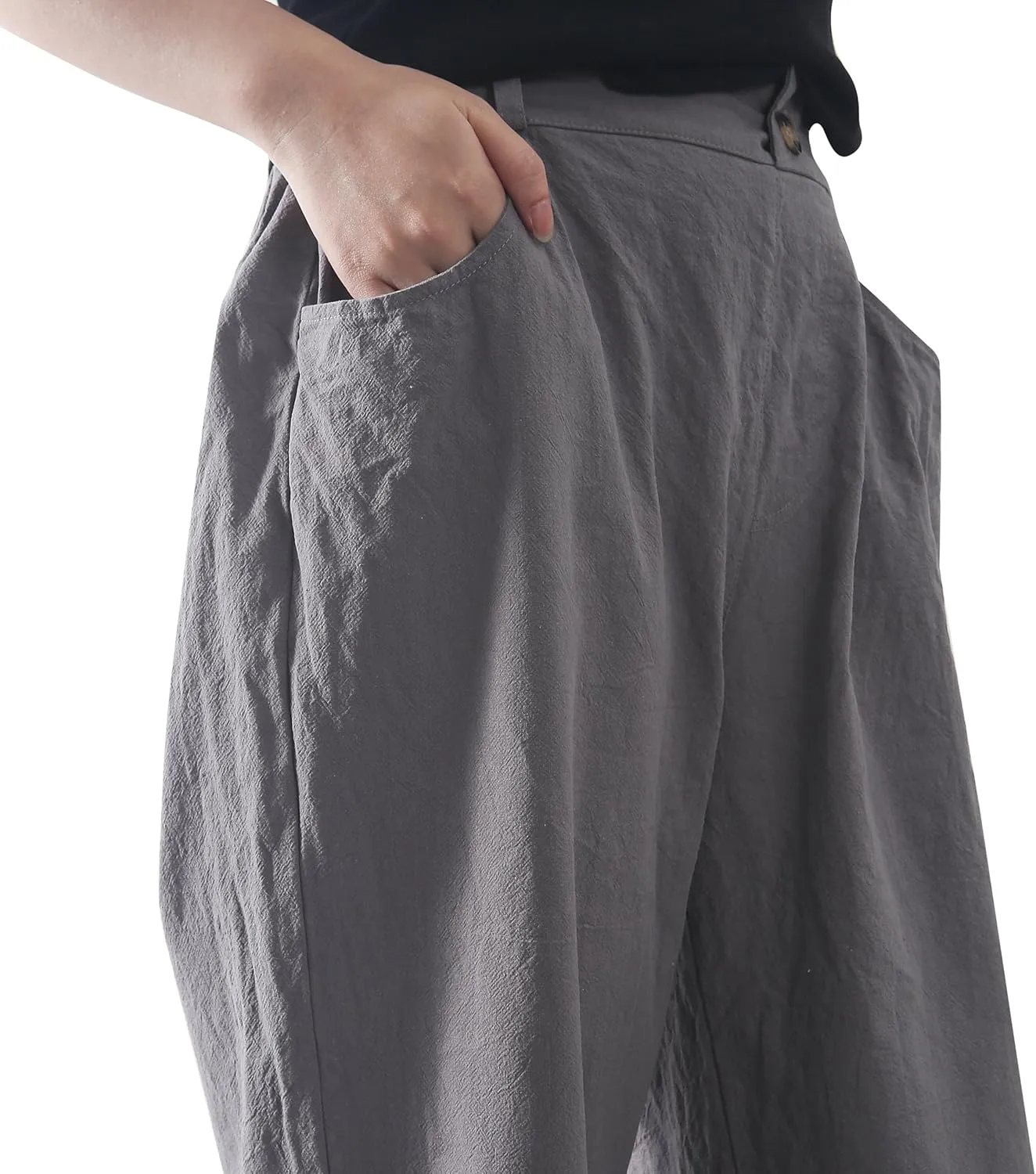 Casual Linen High Waist Pants with Elastic Waistband and Straight-Leg Design Summer Trousers with Side Pockets