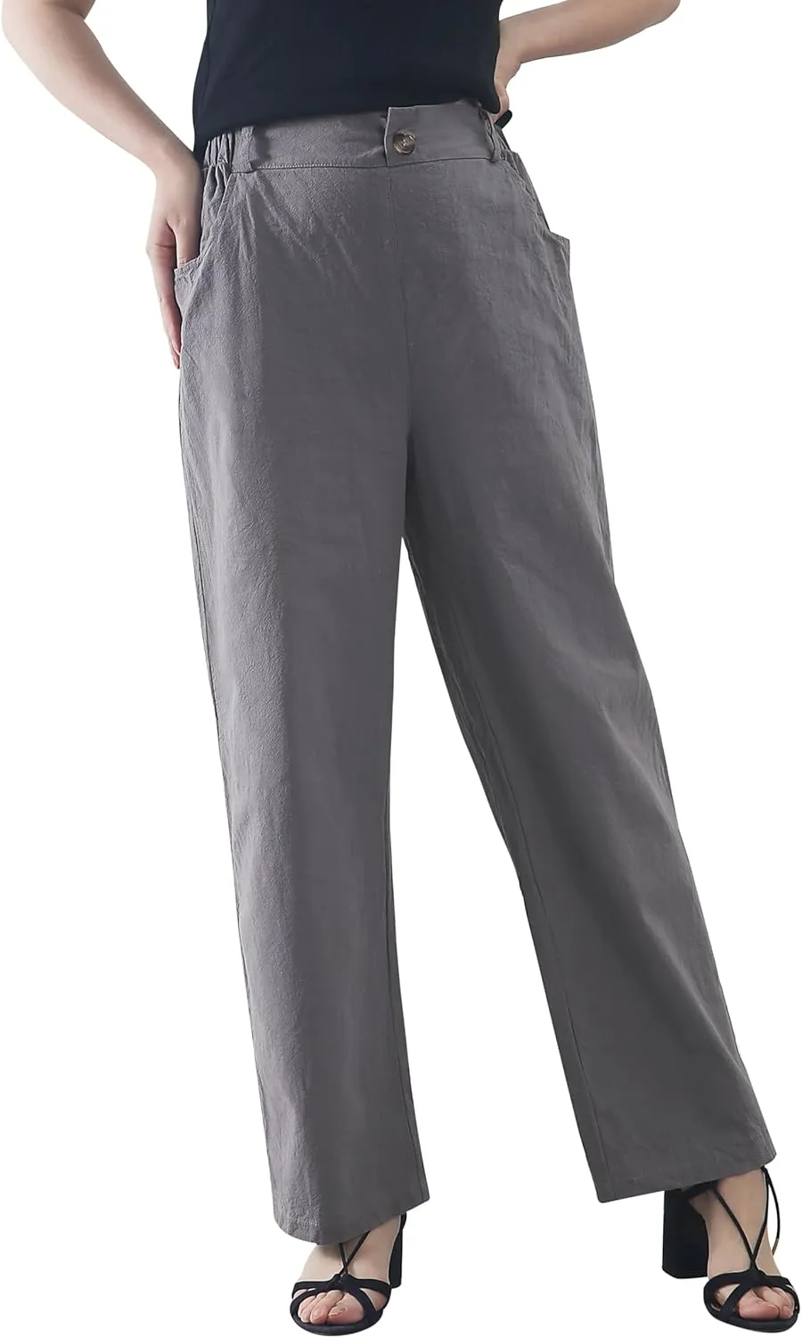 Casual Linen High Waist Pants with Elastic Waistband and Straight-Leg Design Summer Trousers with Side Pockets