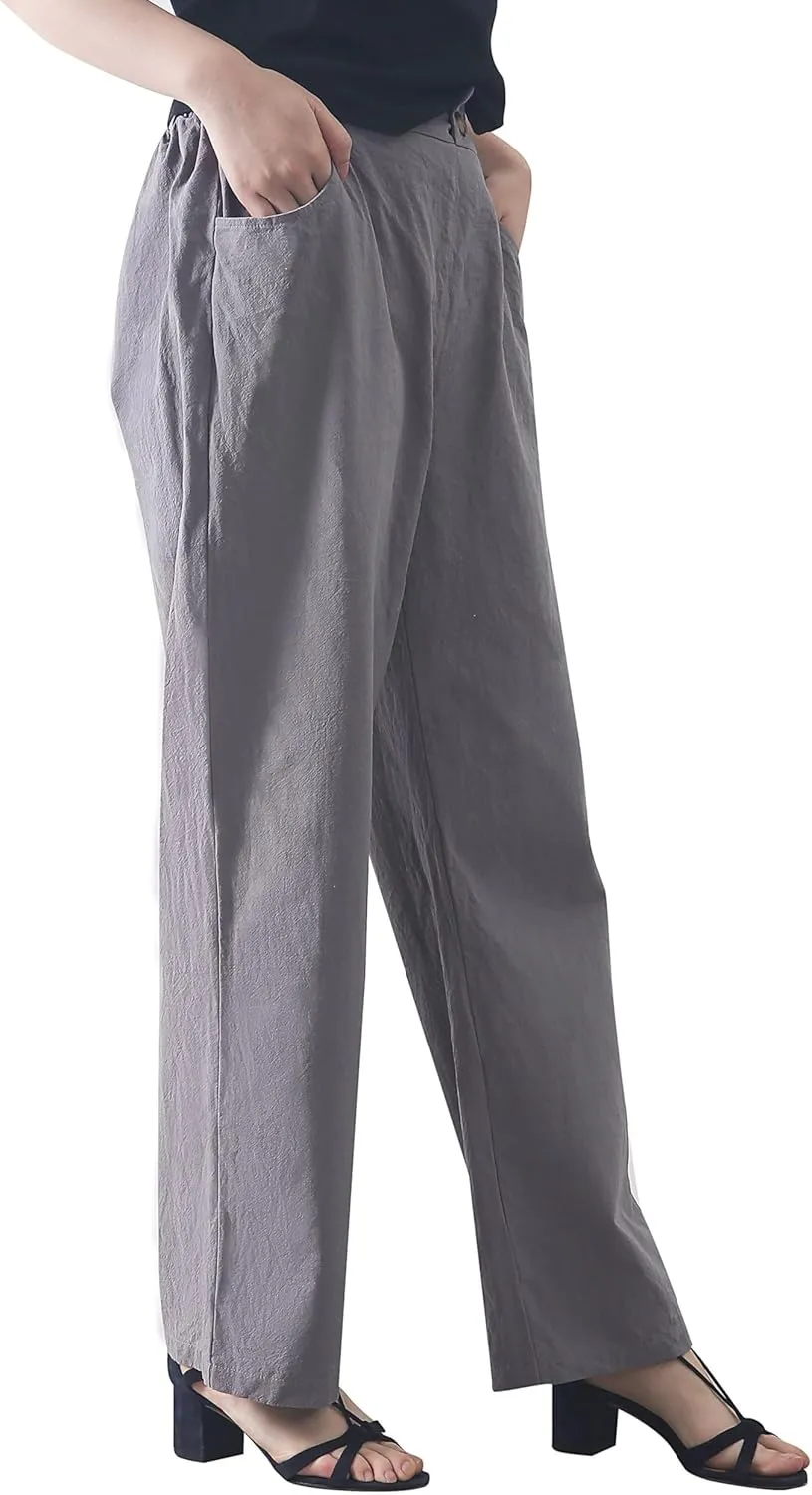 Casual Linen High Waist Pants with Elastic Waistband and Straight-Leg Design Summer Trousers with Side Pockets
