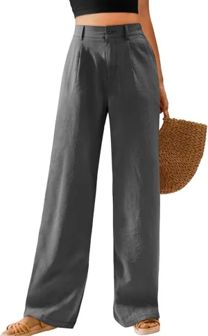 Casual Linen High Waist Pants with Elastic Waistband and Straight-Leg Design Summer Trousers with Side Pockets