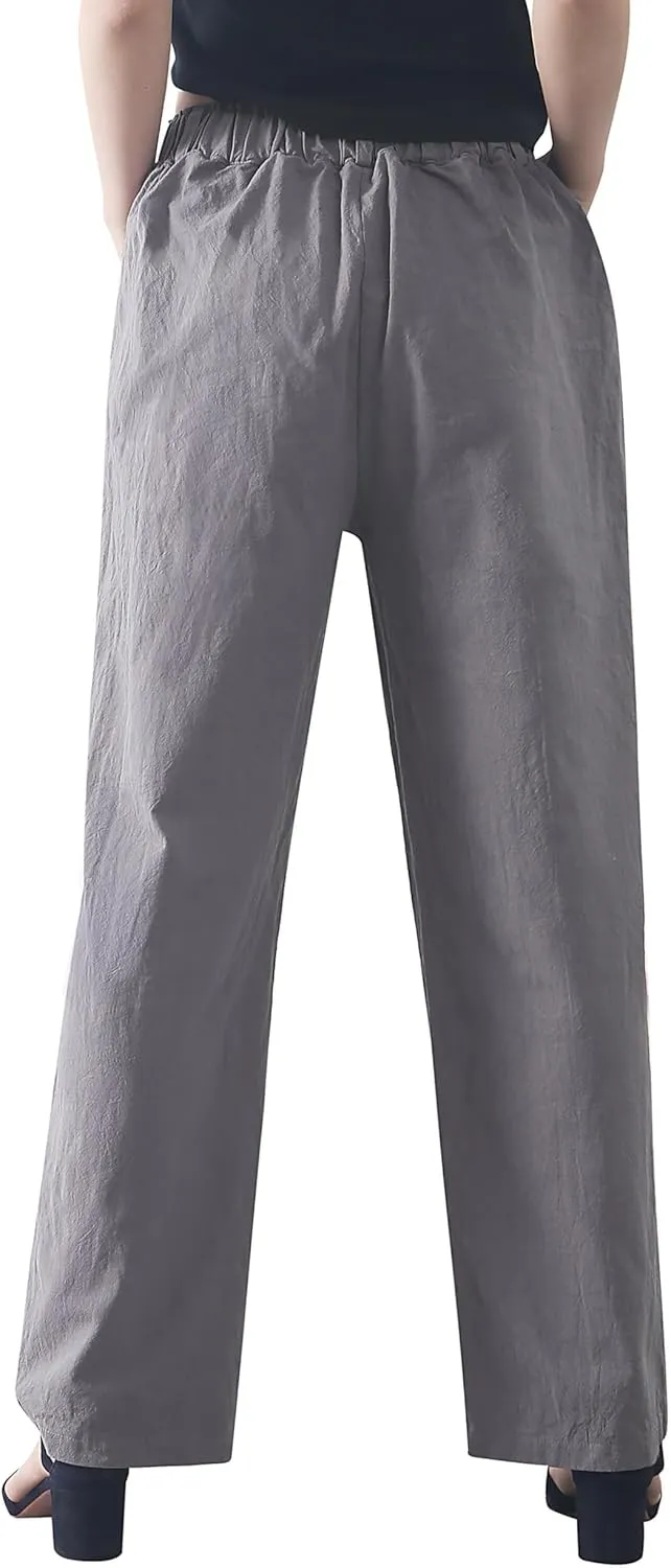 Casual Linen High Waist Pants with Elastic Waistband and Straight-Leg Design Summer Trousers with Side Pockets