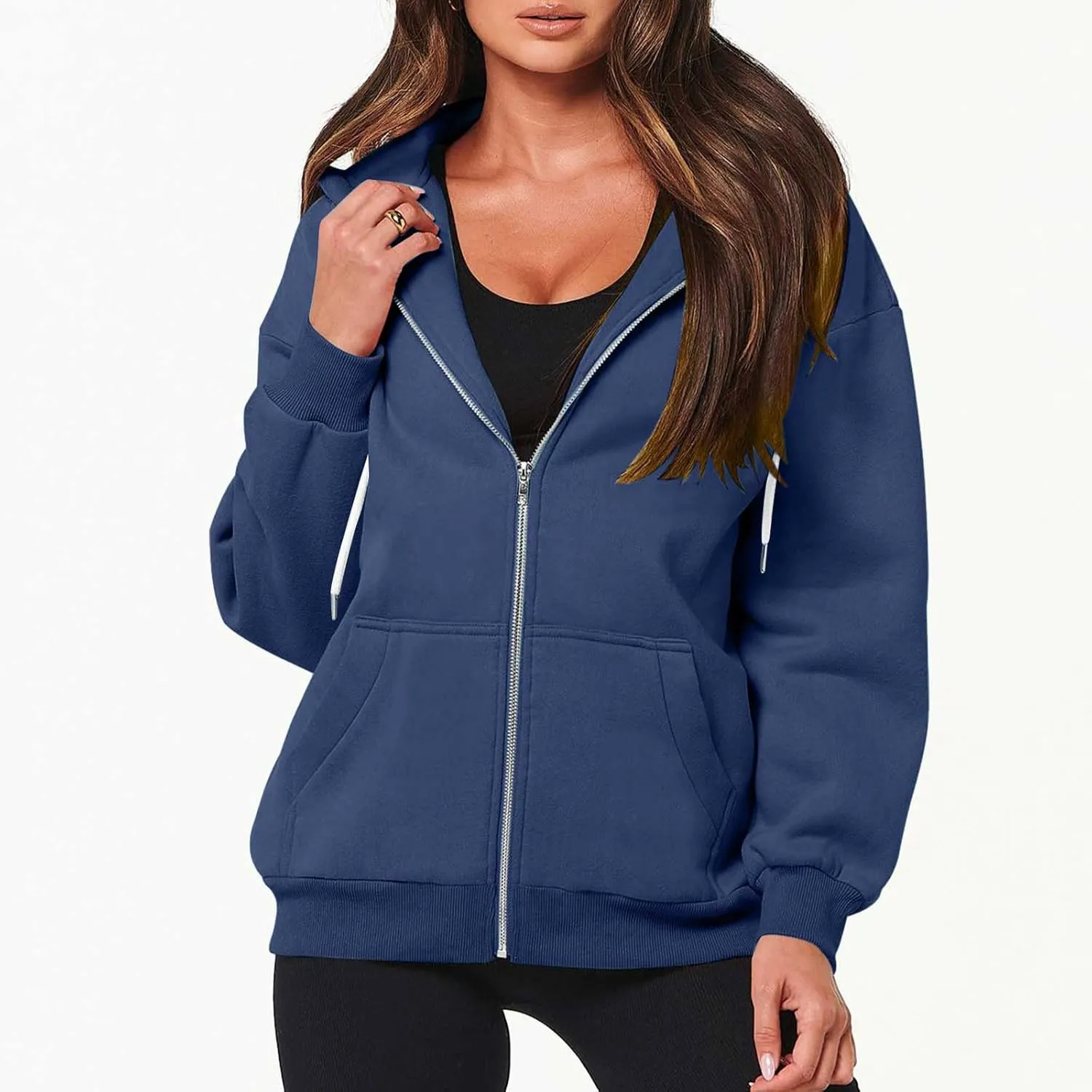 Cbcbtwo Zip Up Hoodies for Women Y2K Oversized Solid Sweatshirts Teen Girl Fall Casual Drawstring Jackets Loose Fleece Tops