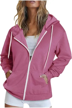 Cbcbtwo Zip Up Hoodies for Women Y2K Oversized Solid Sweatshirts Teen Girl Fall Casual Drawstring Jackets Loose Fleece Tops