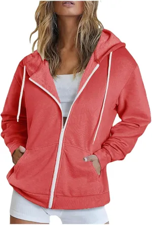 Cbcbtwo Zip Up Hoodies for Women Y2K Oversized Solid Sweatshirts Teen Girl Fall Casual Drawstring Jackets Loose Fleece Tops