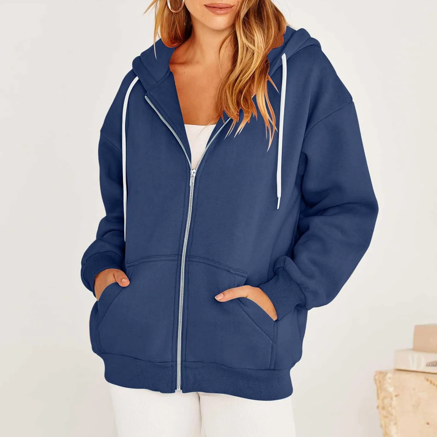 Cbcbtwo Zip Up Hoodies for Women Y2K Oversized Solid Sweatshirts Teen Girl Fall Casual Drawstring Jackets Loose Fleece Tops