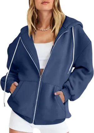Cbcbtwo Zip Up Hoodies for Women Y2K Oversized Solid Sweatshirts Teen Girl Fall Casual Drawstring Jackets Loose Fleece Tops