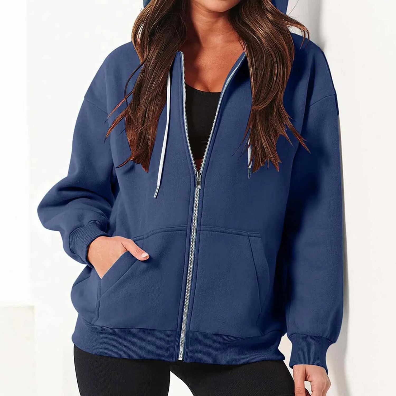 Cbcbtwo Zip Up Hoodies for Women Y2K Oversized Solid Sweatshirts Teen Girl Fall Casual Drawstring Jackets Loose Fleece Tops
