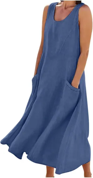 Ceboyel Women 2023 Solid Color Linen Dress Causal Summer Sun Dress Flowy Sleeveless Sundress Trendy Beach Maxi Long Dresses