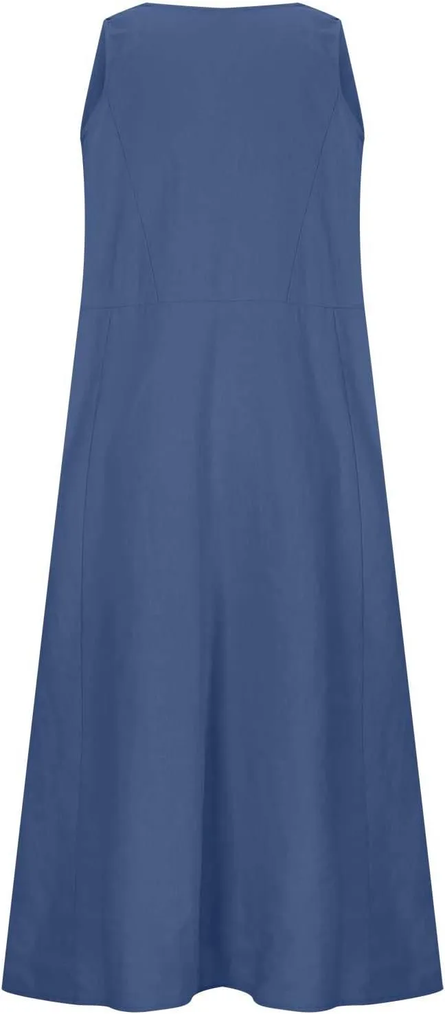 Ceboyel Women 2023 Solid Color Linen Dress Causal Summer Sun Dress Flowy Sleeveless Sundress Trendy Beach Maxi Long Dresses