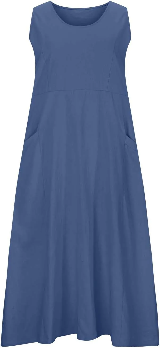 Ceboyel Women 2023 Solid Color Linen Dress Causal Summer Sun Dress Flowy Sleeveless Sundress Trendy Beach Maxi Long Dresses
