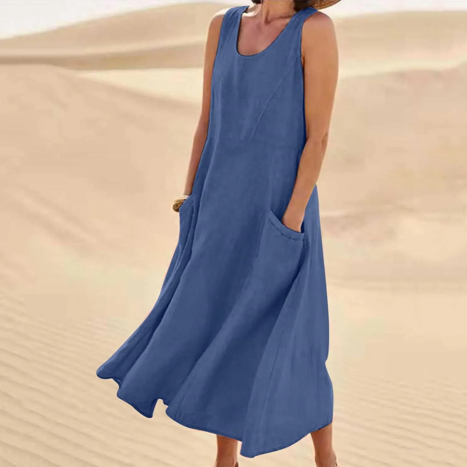 Ceboyel Women 2023 Solid Color Linen Dress Causal Summer Sun Dress Flowy Sleeveless Sundress Trendy Beach Maxi Long Dresses