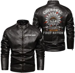 Cherokee American Indian First Nation Native American Pride,Personalized Mens PU Leather Coat Custom Motorcycle Jacket Stand Collared Black