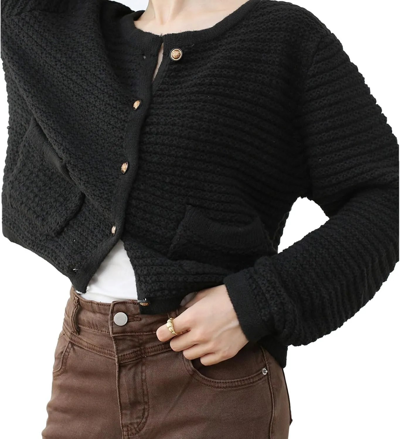 CHICWISH Women Waffle Knit Sweater Cardigan Open Front Button Crop Cardigan Long Sleeve Fall Casual Coat with Pockets