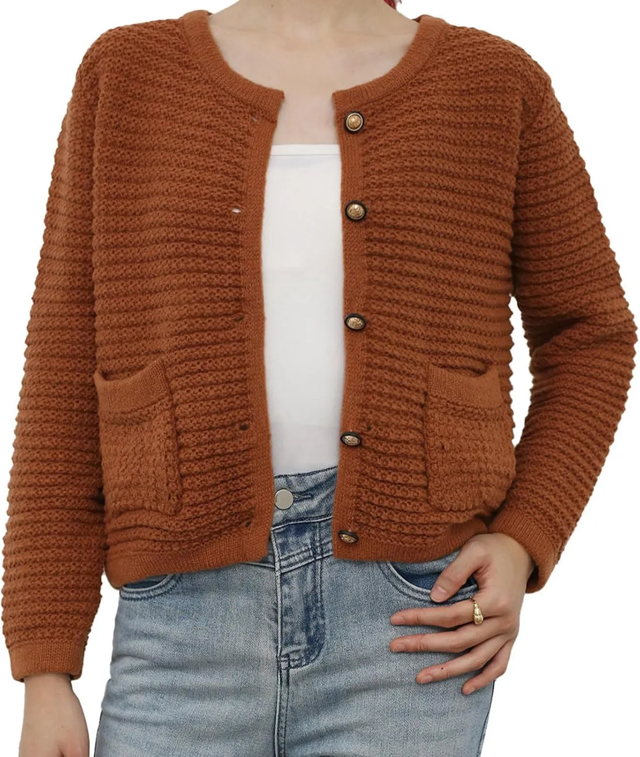 CHICWISH Women Waffle Knit Sweater Cardigan Open Front Button Crop Cardigan Long Sleeve Fall Casual Coat with Pockets