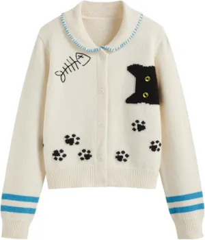 CIDER Cardigan Sweater for Women Knitted Long Sleeve Collared Cat Cute Pattern Button Down Crop Tops