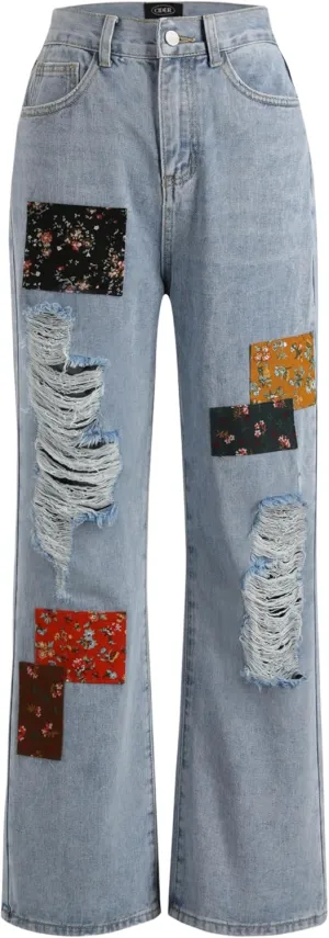 CIDER Women's Cute Patchy Denim Jeans