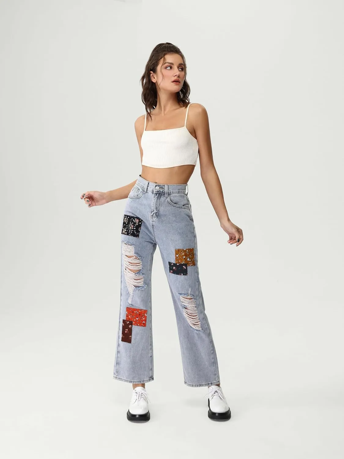 CIDER Women's Cute Patchy Denim Jeans