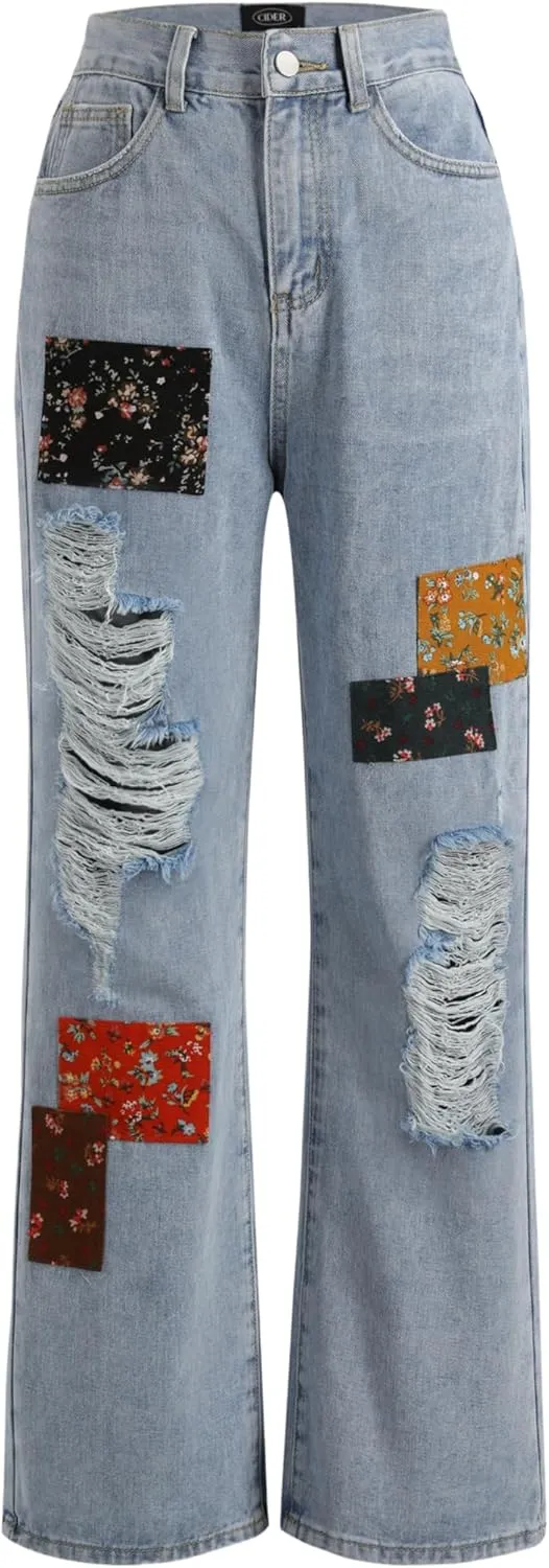 CIDER Women's Cute Patchy Denim Jeans