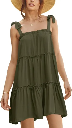 Clarisbelle Women Summer Tie Strap Ruffle Flowy Babydoll Mini Dress