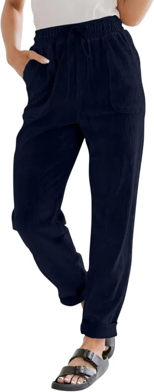 Corduroy Pants Women Elastic High Waist Loose Fit Straight Leg Pants Comfy Drawstring Work Pants Trousers w/Pockets