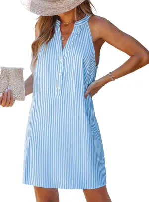 CUPSHE Womens Summer Dresses V Neck Sleeveless Striped Button Up Mini Casual Coverup Dress