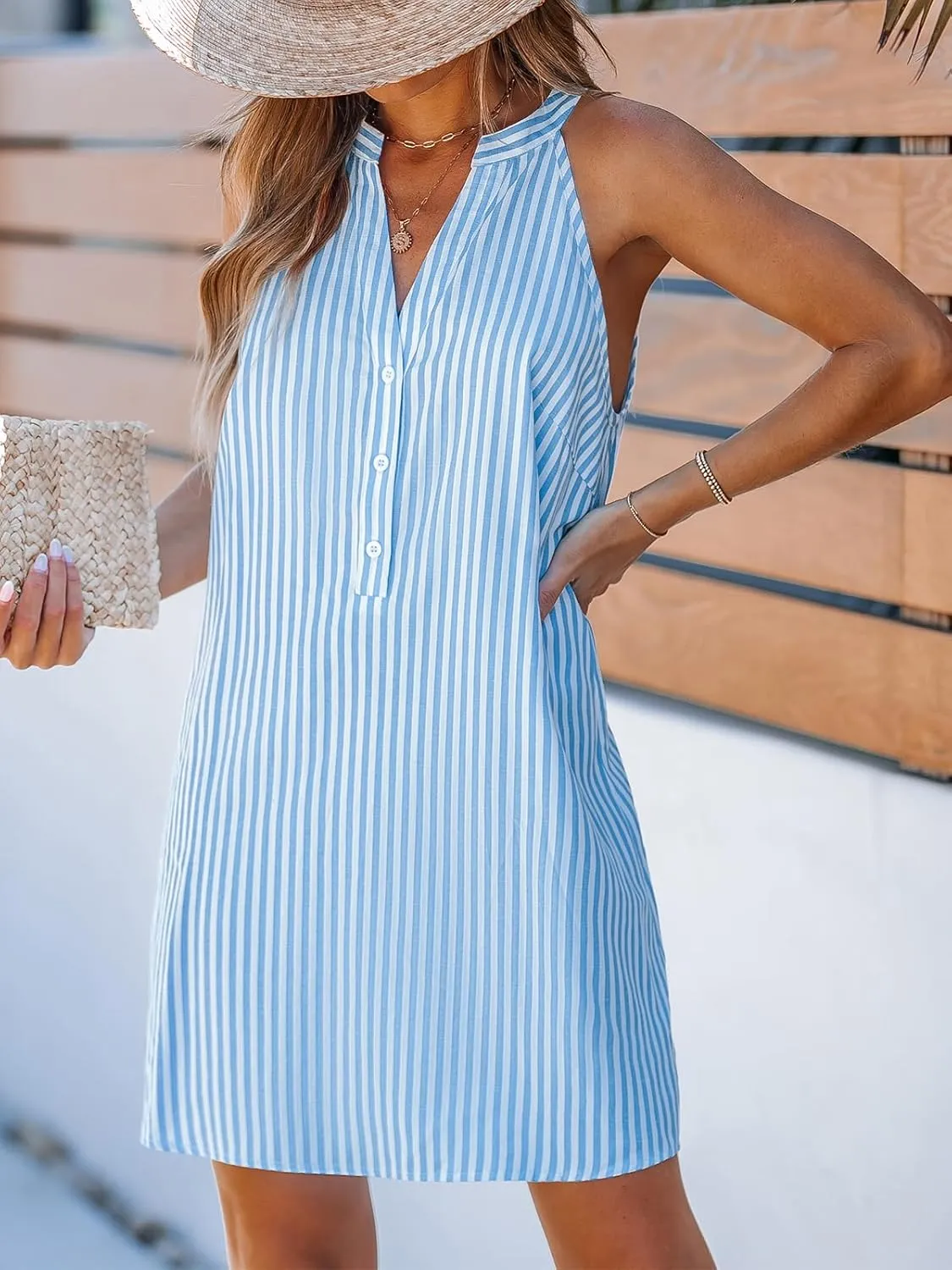CUPSHE Womens Summer Dresses V Neck Sleeveless Striped Button Up Mini Casual Coverup Dress