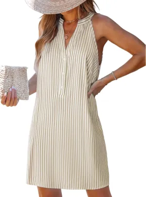 CUPSHE Womens Summer Dresses V Neck Sleeveless Striped Button Up Mini Casual Coverup Dress