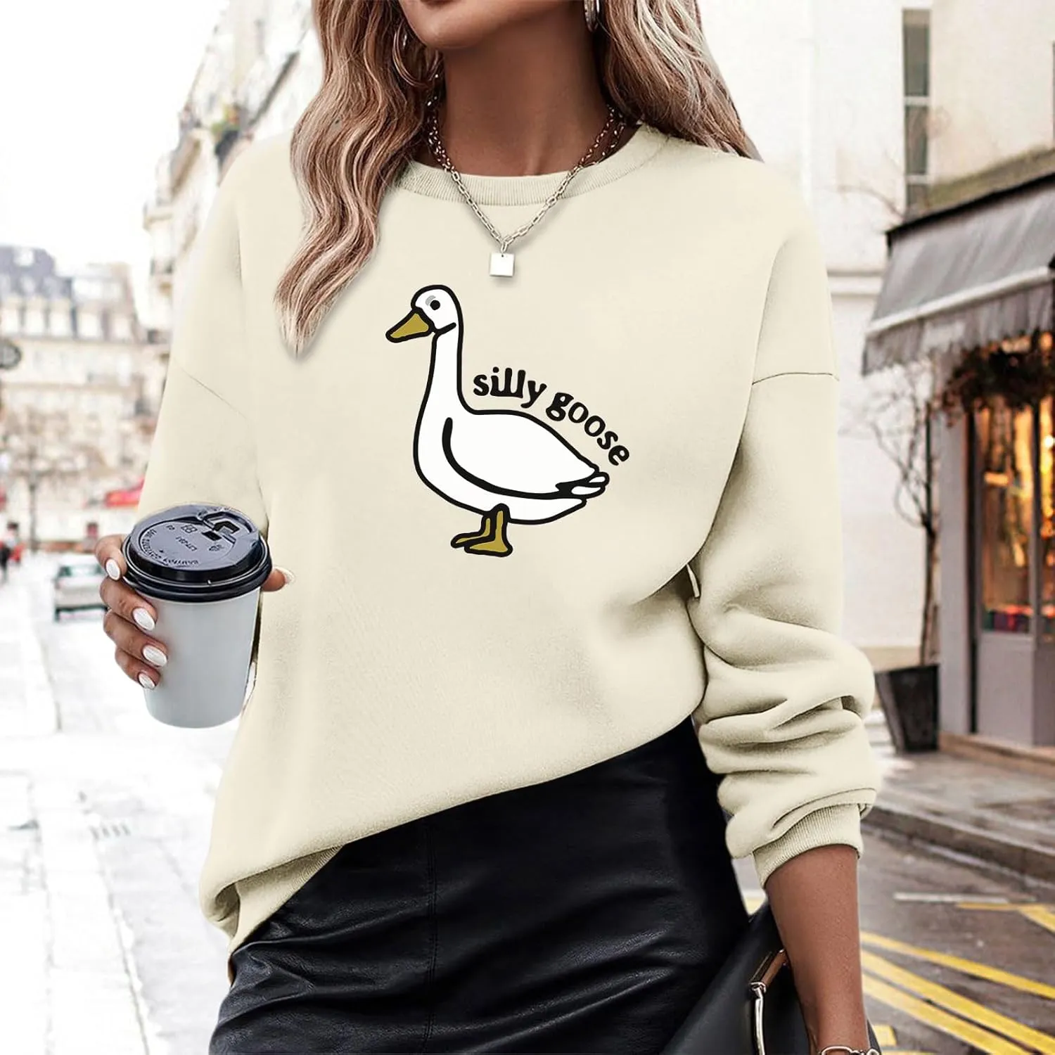 Cute Silly Goose Sweatshirt for Women Teen Girls Duck Letter Graphic Crewneck Long Sleeve Shirt Hoodie Pullover Tops