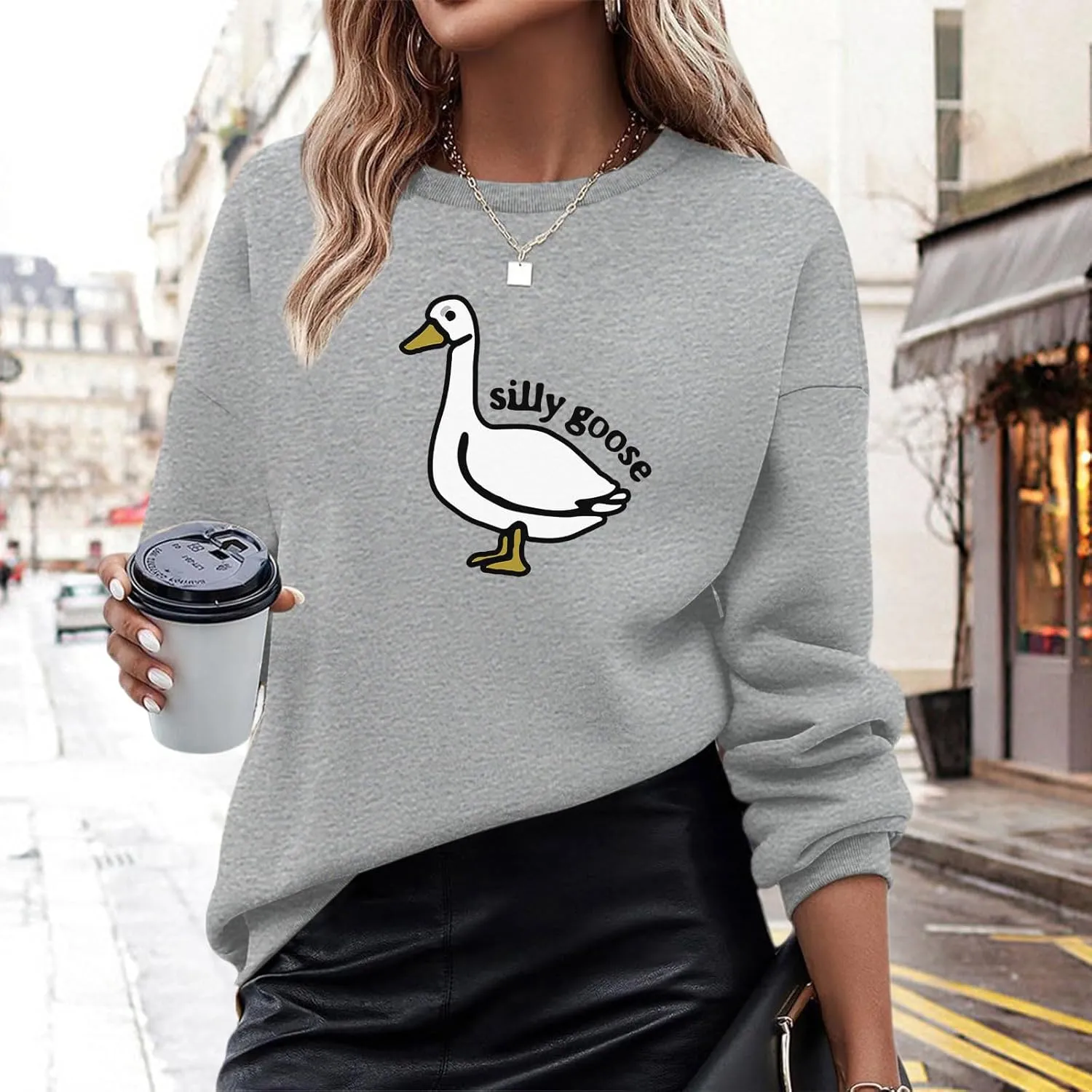 Cute Silly Goose Sweatshirt for Women Teen Girls Duck Letter Graphic Crewneck Long Sleeve Shirt Hoodie Pullover Tops