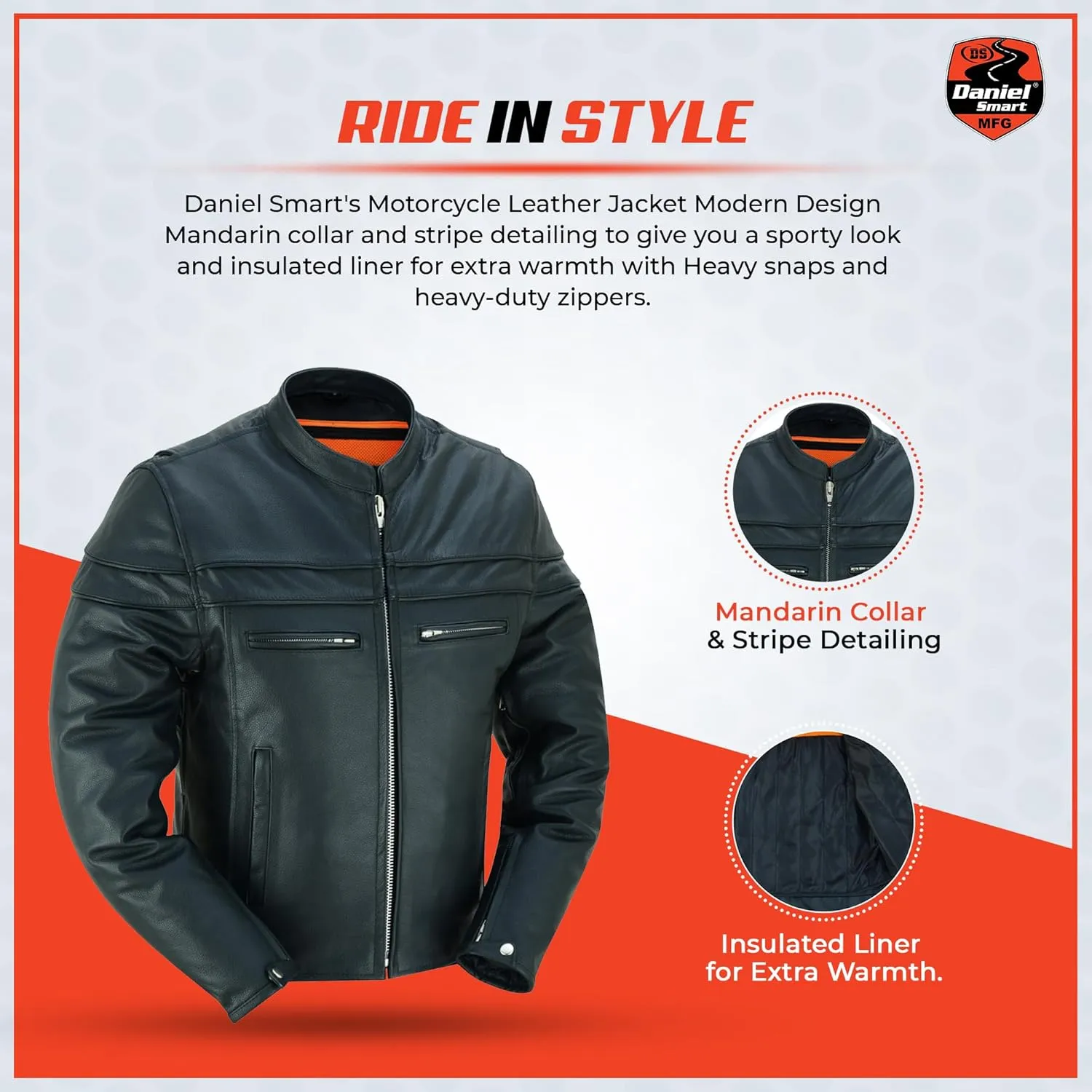 Daniel Smart Men Motorcycle Black Leather Jacket Mandarin Collar Biker Leather Jacket with Concealment Armory Pockets