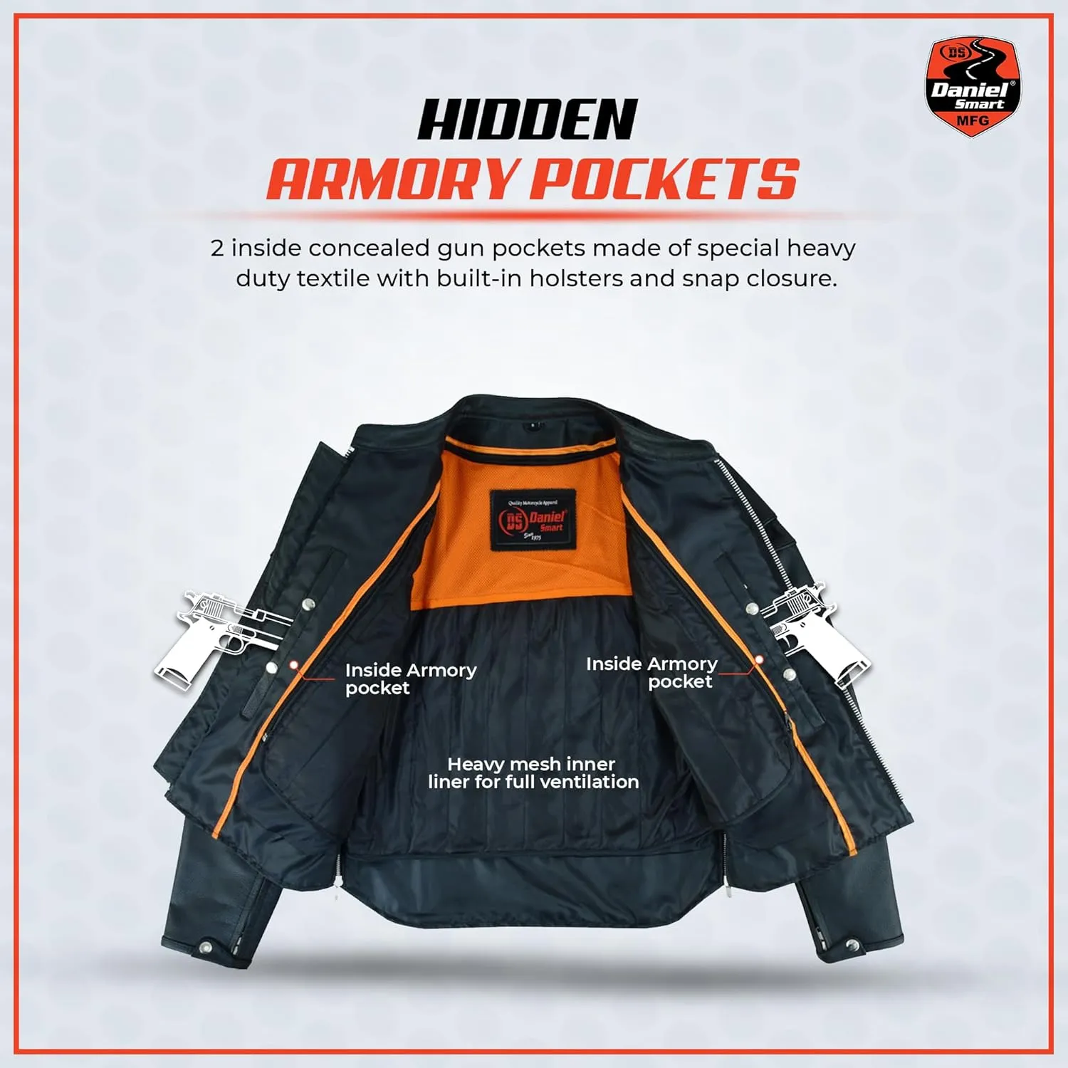 Daniel Smart Men Motorcycle Black Leather Jacket Mandarin Collar Biker Leather Jacket with Concealment Armory Pockets