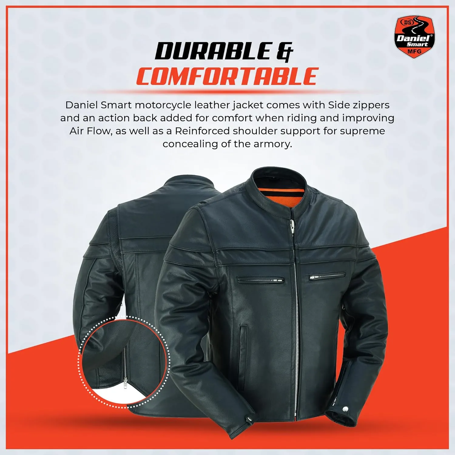 Daniel Smart Men Motorcycle Black Leather Jacket Mandarin Collar Biker Leather Jacket with Concealment Armory Pockets