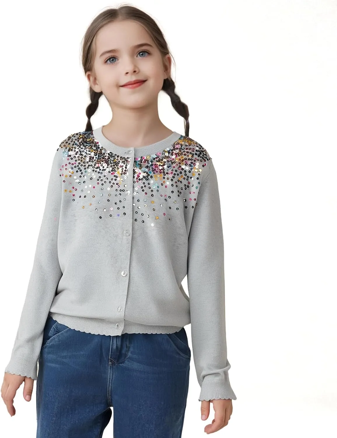 Danny D Girls Sequin Knitted Sweater Cardigan Crew Neck Long Sleeve Button Tops