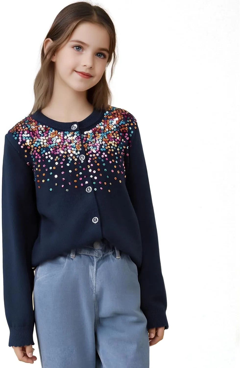 Danny D Girls Sequin Knitted Sweater Cardigan Crew Neck Long Sleeve Button Tops