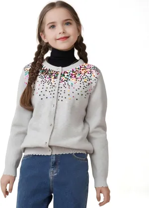 Danny D Girls Sequin Knitted Sweater Cardigan Crew Neck Long Sleeve Button Tops
