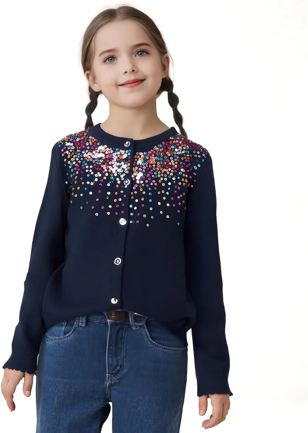 Danny D Girls Sequin Knitted Sweater Cardigan Crew Neck Long Sleeve Button Tops