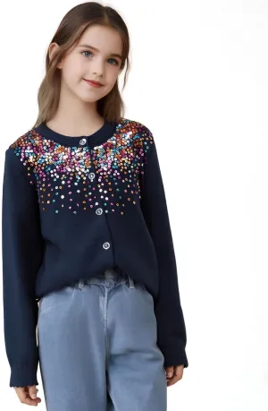 Danny D Girls Sequin Knitted Sweater Cardigan Crew Neck Long Sleeve Button Tops