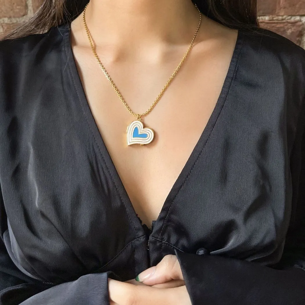 Deco Heart Locket (Ivory & Turquoise) - Gold