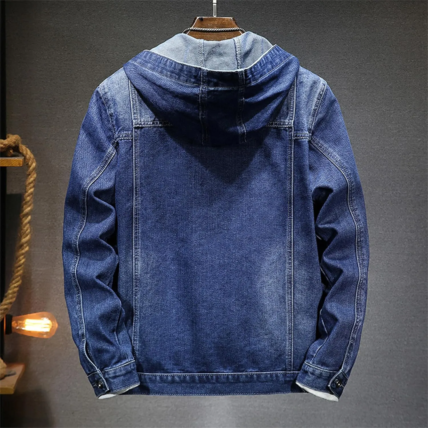 Denim Hoodie Jacket for Men Casual Button Down Jean Coats with Pocket Windproof Distressed Trucker Coat Streetwear