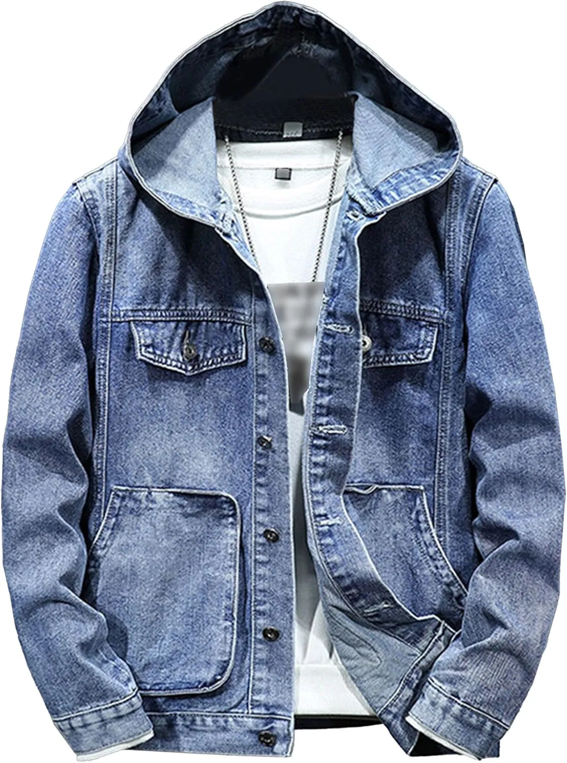 Denim Hoodie Jacket for Men Casual Button Down Jean Coats with Pocket Windproof Distressed Trucker Coat Streetwear