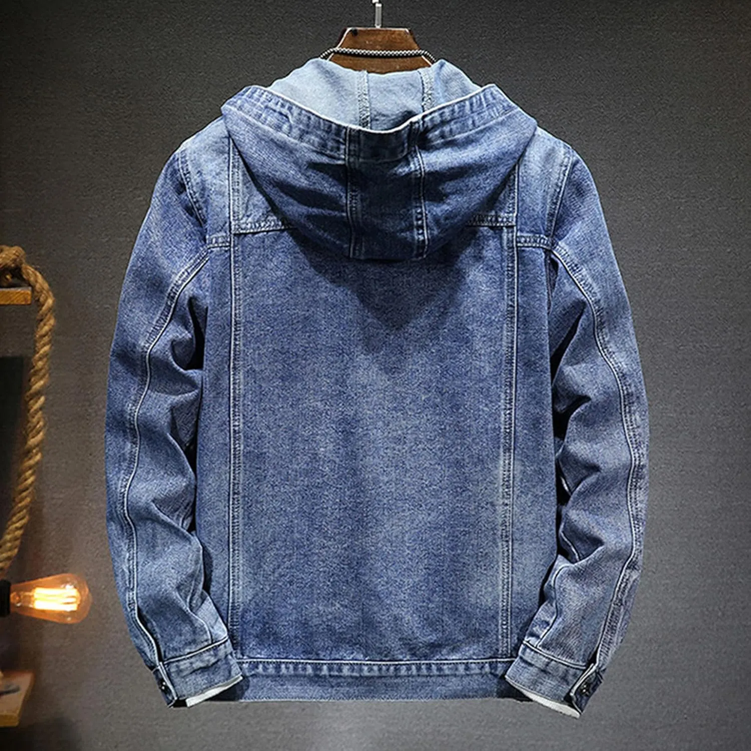 Denim Hoodie Jacket for Men Casual Button Down Jean Coats with Pocket Windproof Distressed Trucker Coat Streetwear