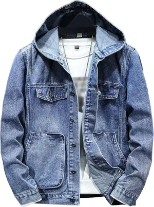 Denim Hoodie Jacket for Men Casual Button Down Jean Coats with Pocket Windproof Distressed Trucker Coat Streetwear