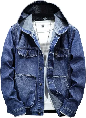 Denim Hoodie Jacket for Men Casual Button Down Jean Coats with Pocket Windproof Distressed Trucker Coat Streetwear